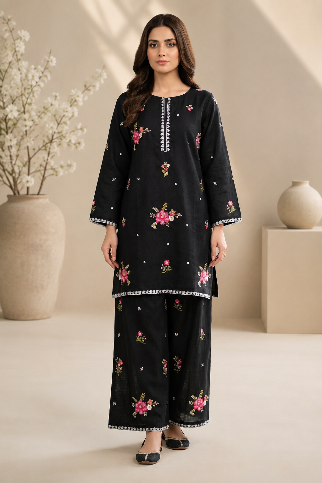 BLACK FLOWER EMBROIDRED SHORT KURTI FARSHI SHALWAR 2 PCS