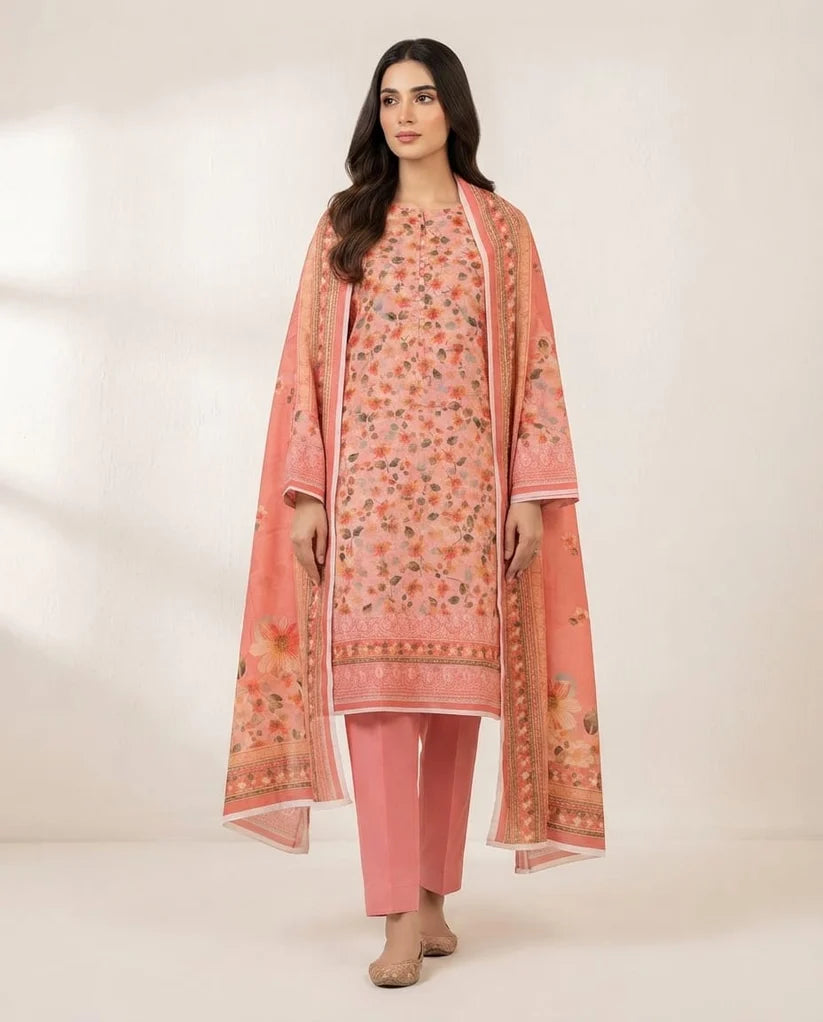 DARK PEACH UNSTICHED DIGITAL PRINTED LAWN 3 PCS SUIT