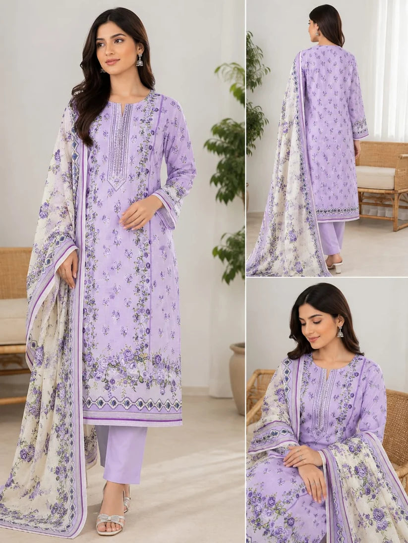 PURPLE UNSTICHED DIGITAL PRINTED LAWN 3 PCS SUIT