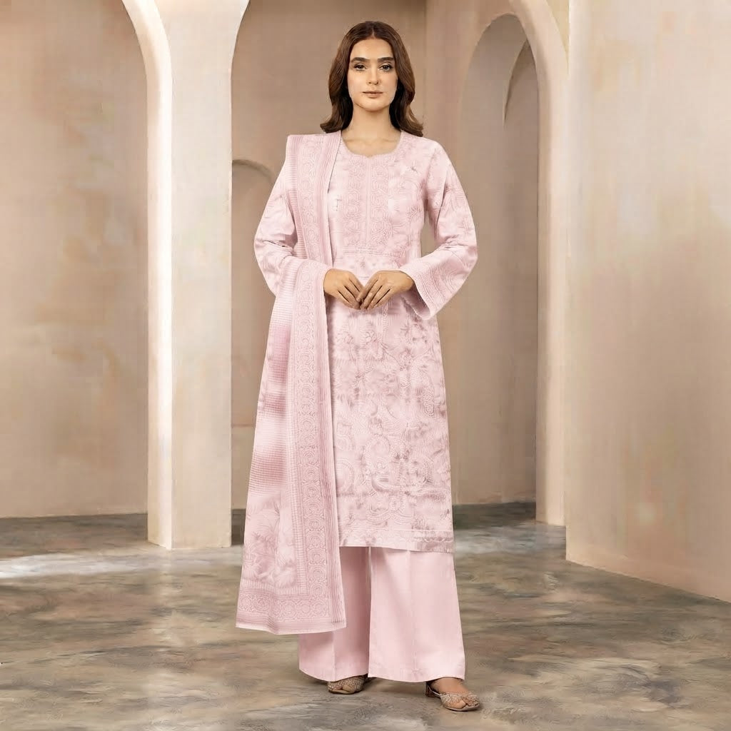 T PINK EMBROIDERED FRONT CHICKEN KARI LAWN 3 PCS