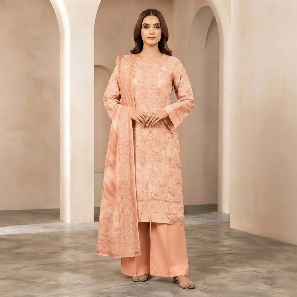 PEACH EMBROIDERED FRONT CHICKEN KARI LAWN 3 PCS