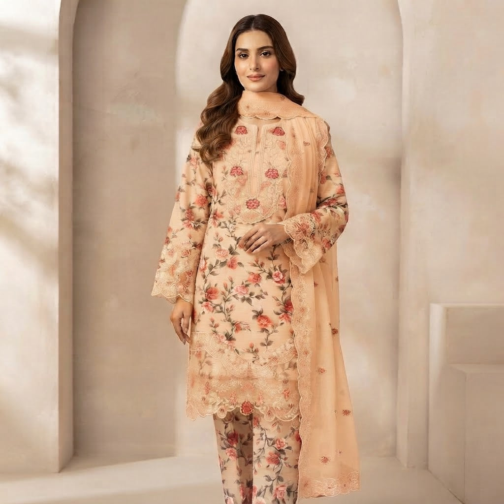 PEACH EMBROIDERED GALA DAMAN SLEEVE 3 PCS