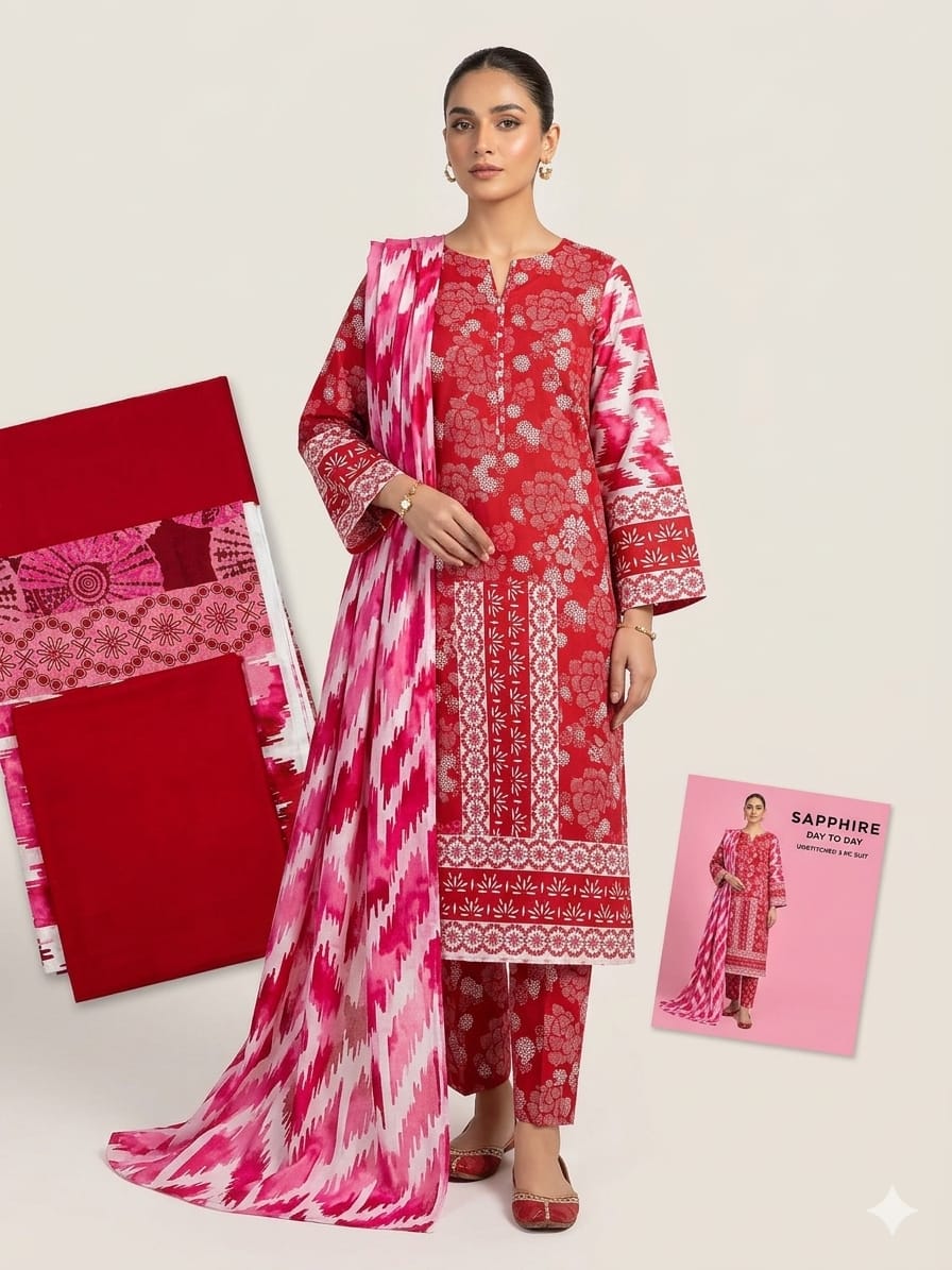 RED SAPPHIRE DIGITAL PRINTED 3 PCS LAWN UNSTICHED