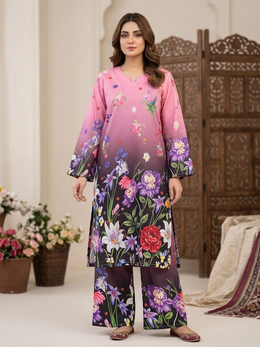 PINK BIG FLOWER BLACK SWISS SHALWAR 2 PCS