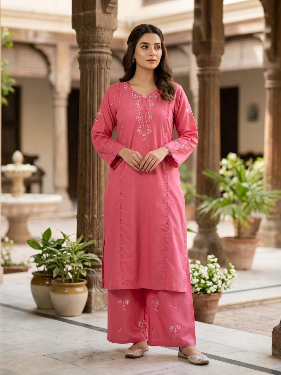 T-PINK EMBROIDRED FARSHI SHALWAR 2 PCS