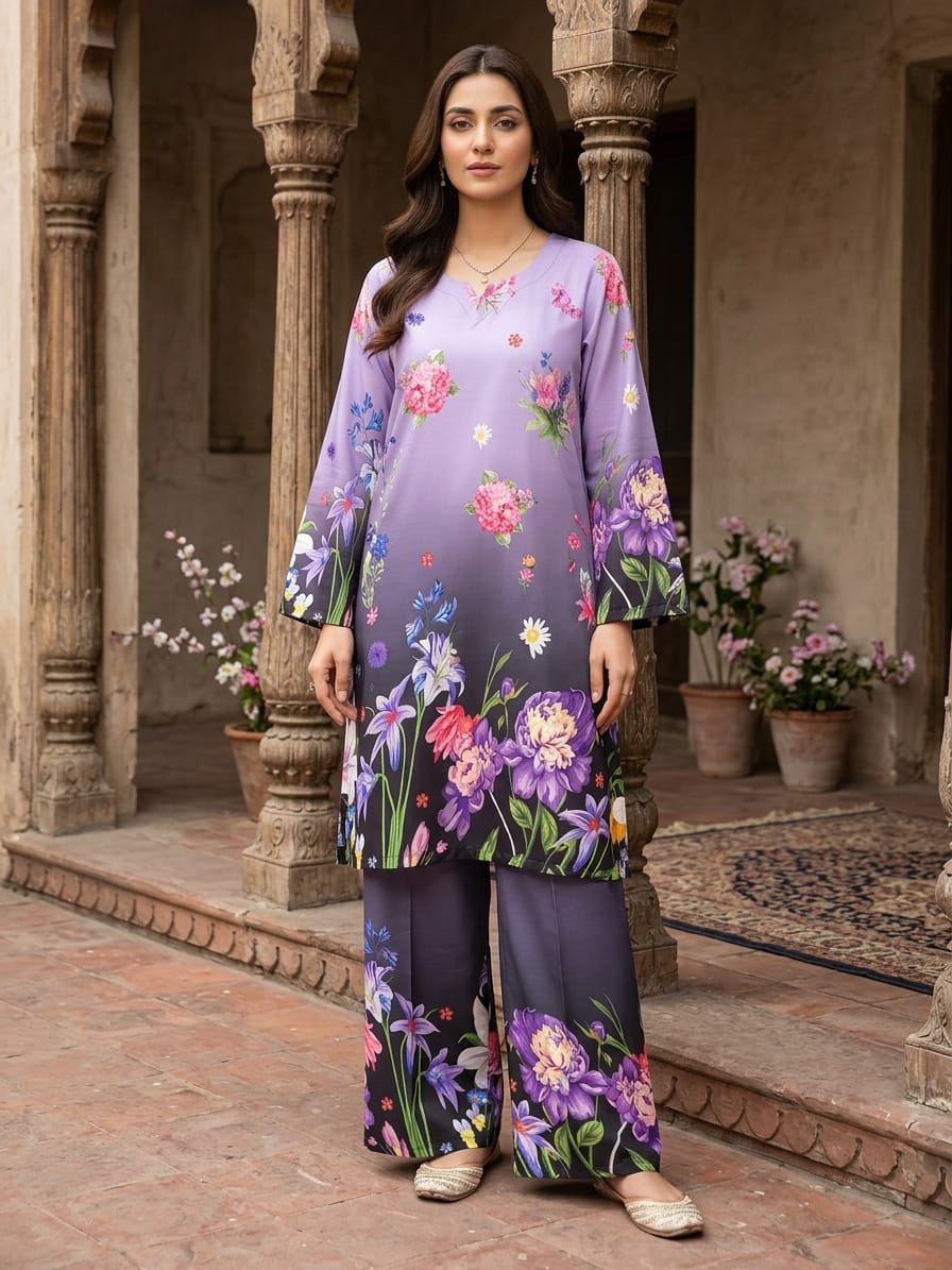 PURPLE BIG FLOWER SWISS SHALWAR 2 PCS
