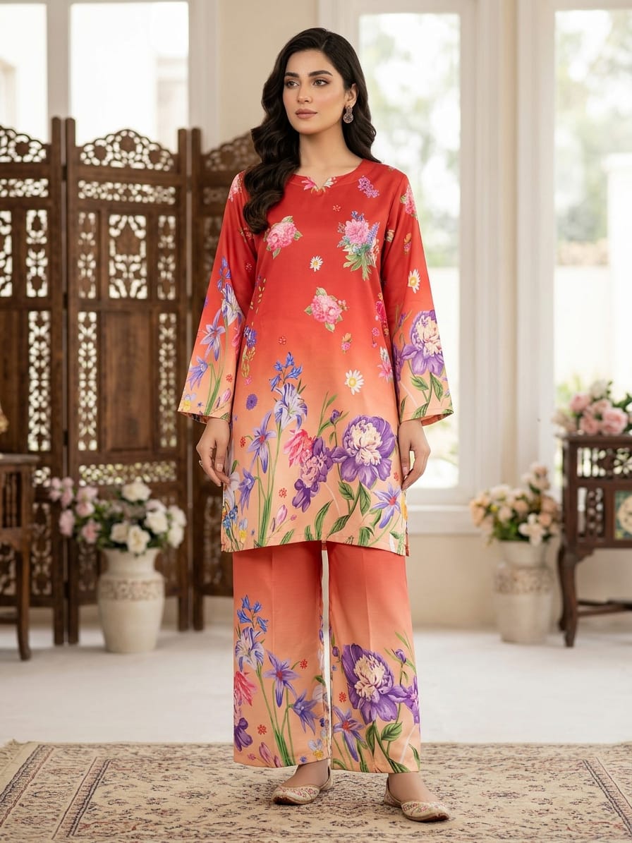 RED BIG FLOWER SWISS SHALWAR 2 PCS