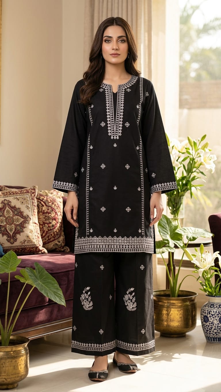 BLACK EMBROIDRED SHORT KURTI FARSHI SHALWAR 2 PCS