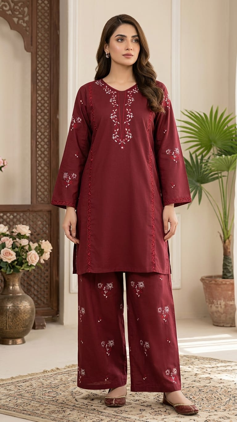 MAROON EMBROIDRED SHORT KURTI FARSHI SHALWAR 2 PCS