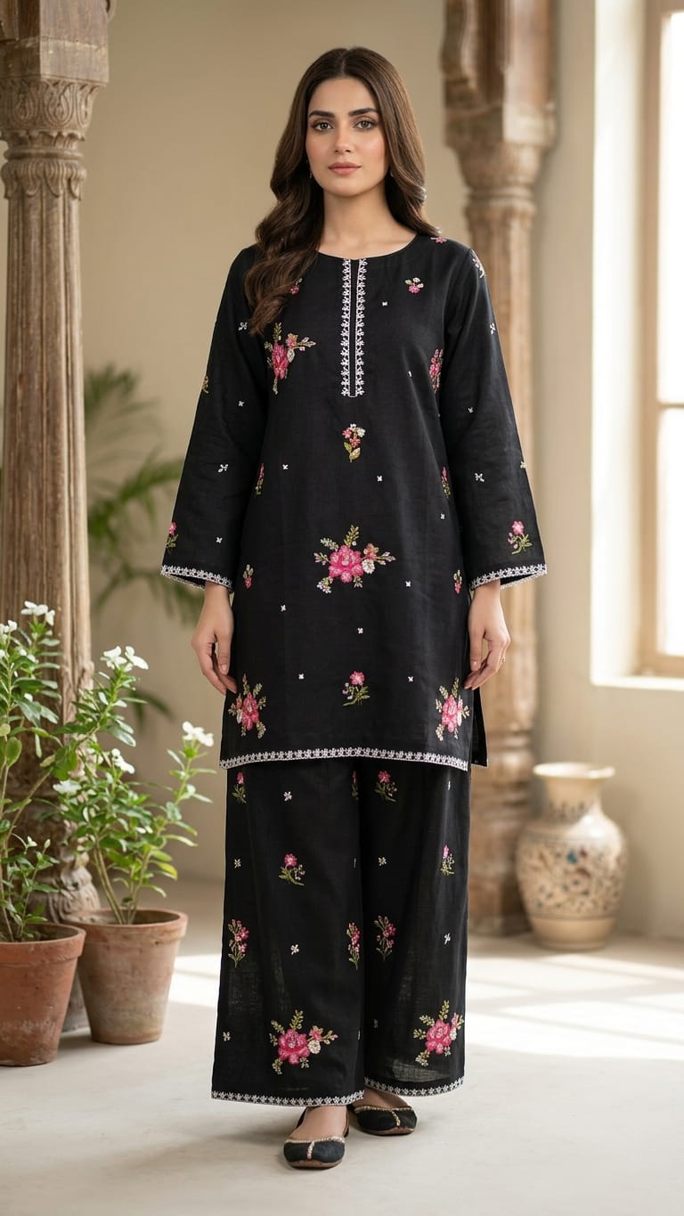 BLACK FLOWER EMBROIDRED SHORT KURTI FARSHI SHALWAR 2 PCS