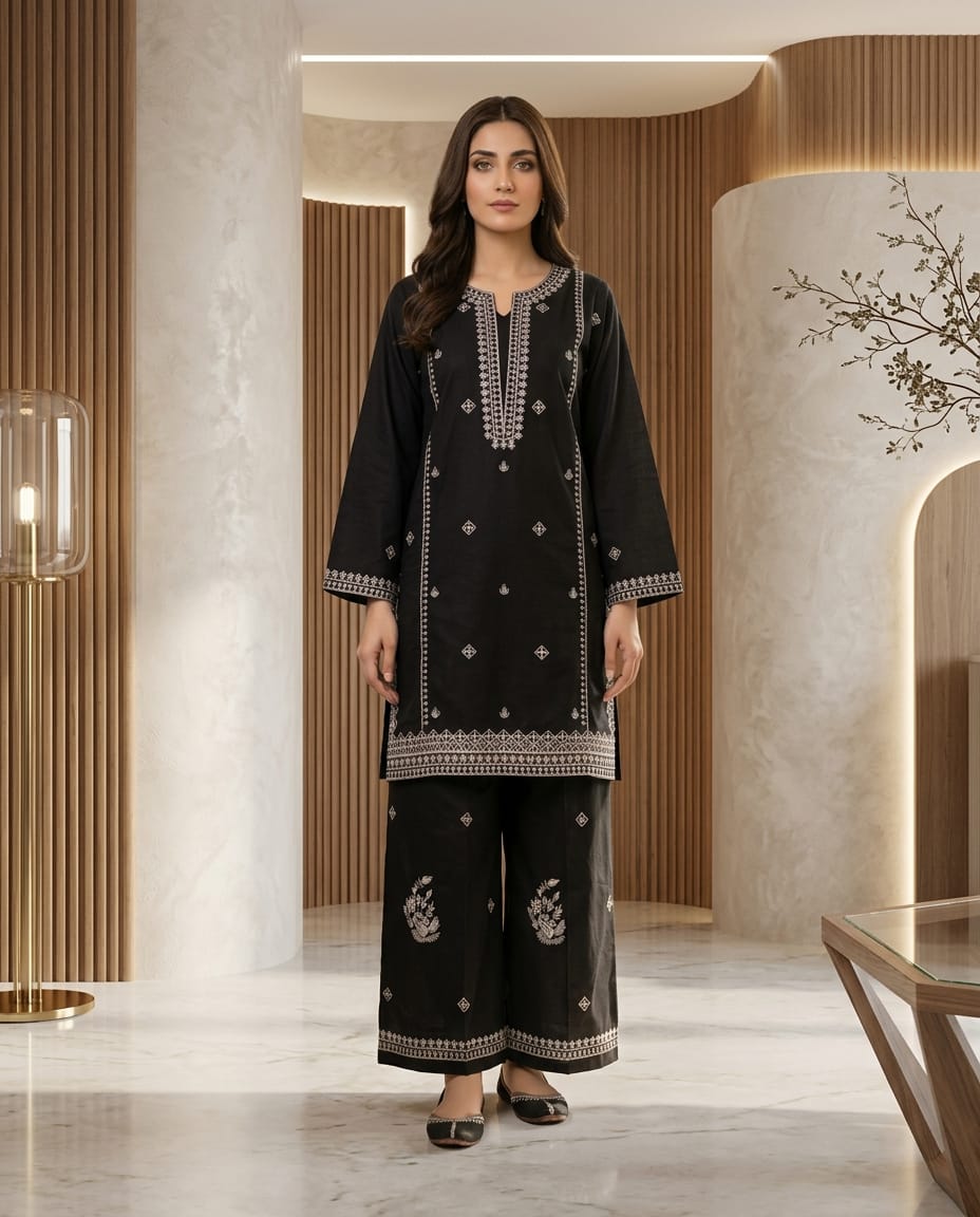 BLACK EMBROIDRED SHORT KURTI FARSHI SHALWAR 2 PCS