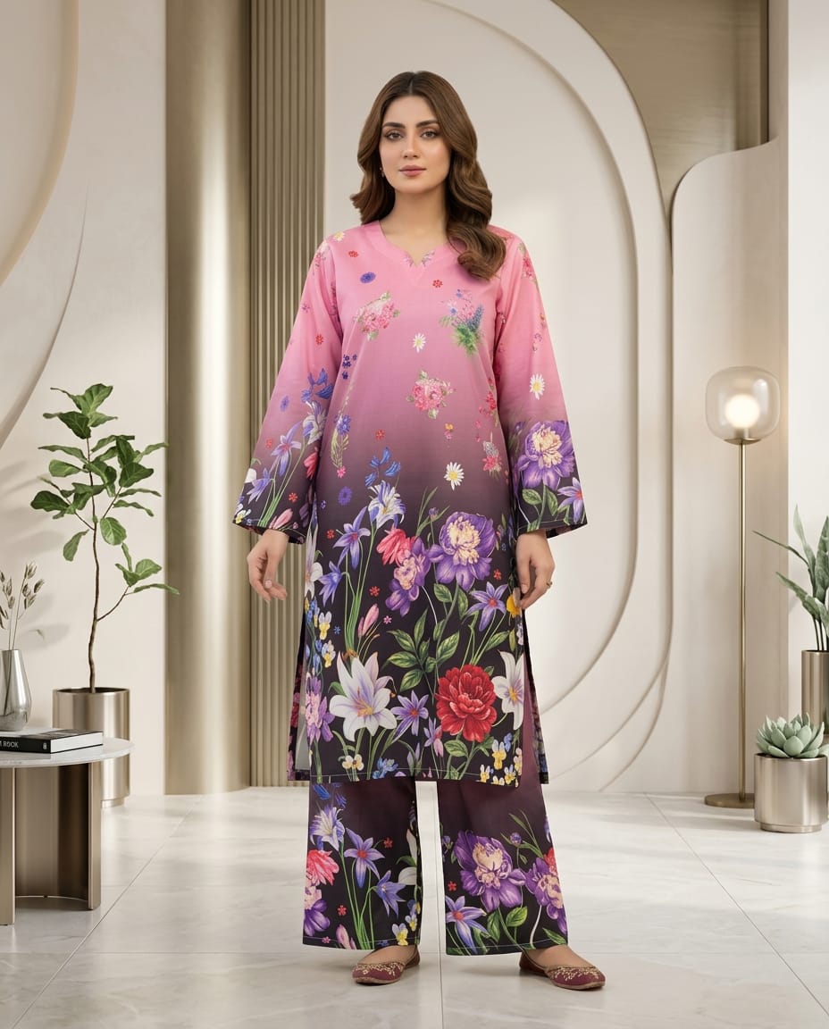 PINK BIG FLOWER BLACK SWISS SHALWAR 2 PCS