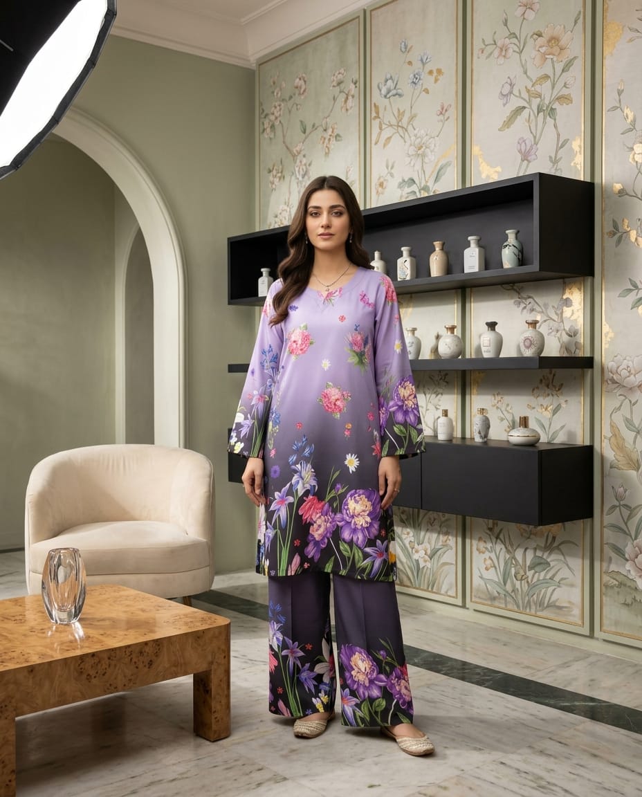 PURPLE BIG FLOWER SWISS SHALWAR 2 PCS