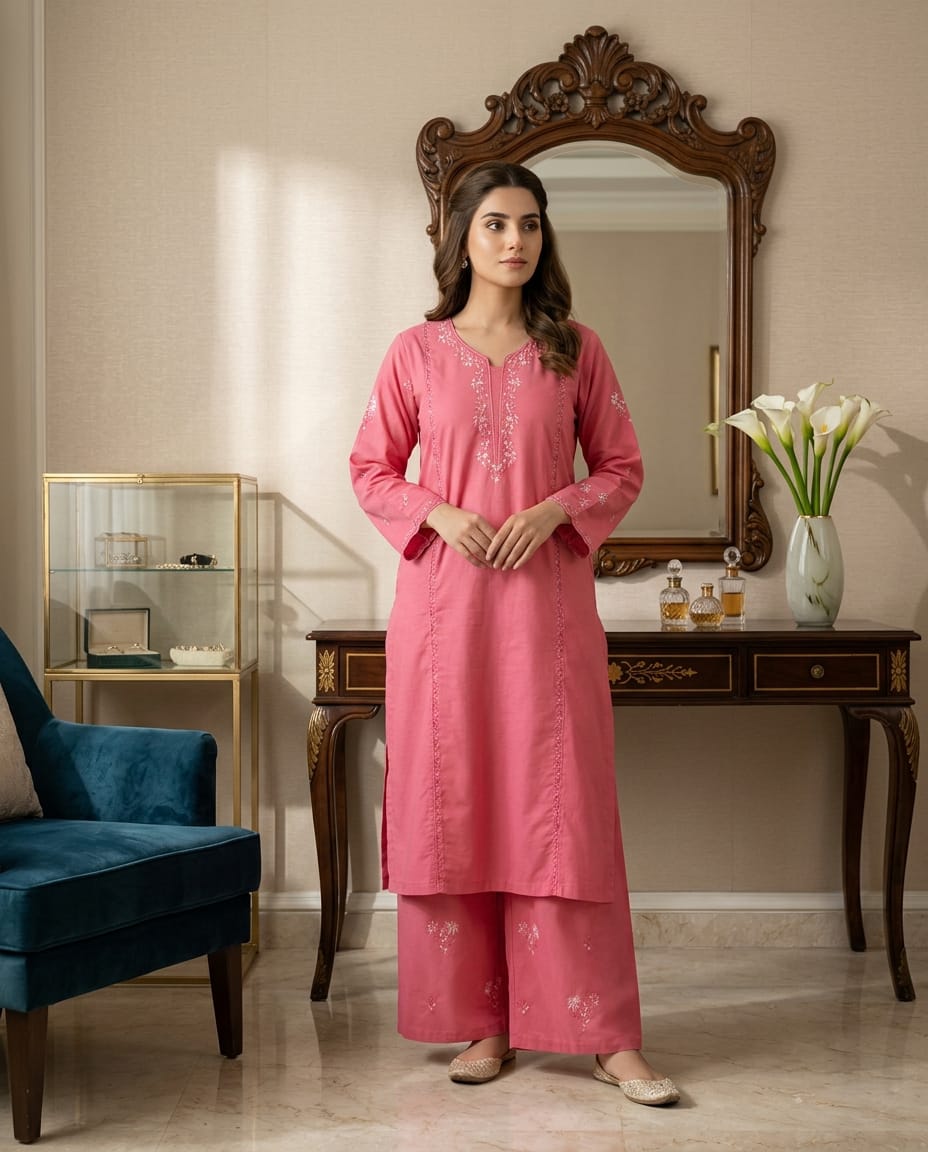 T-PINK EMBROIDRED FARSHI SHALWAR 2 PCS