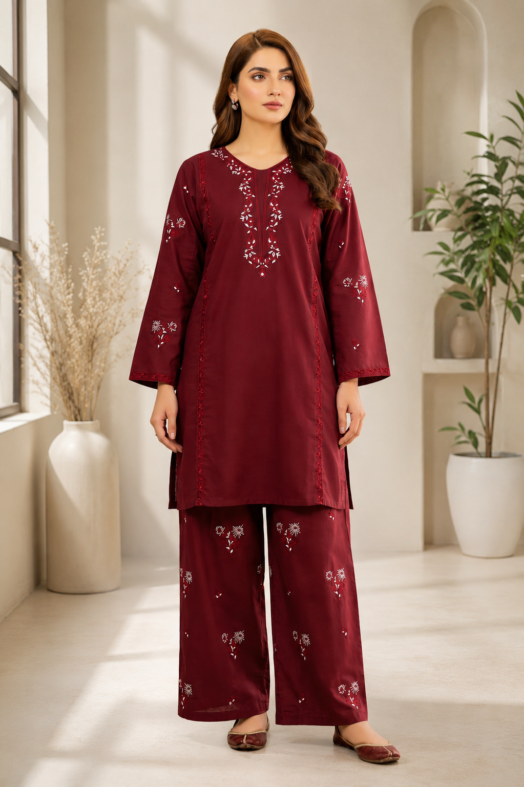 MAROON EMBROIDRED SHORT KURTI FARSHI SHALWAR 2 PCS